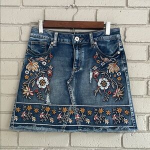 Altar'd State Embroidered Denim Mini Skirt - Blue and Multicolor